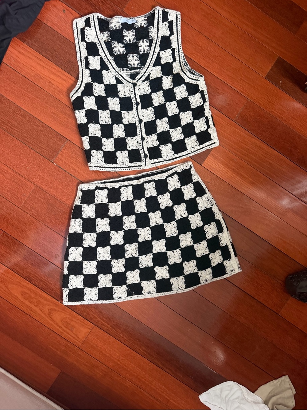 Mango Black and White Crochet Checkerboard Two-Piece Set